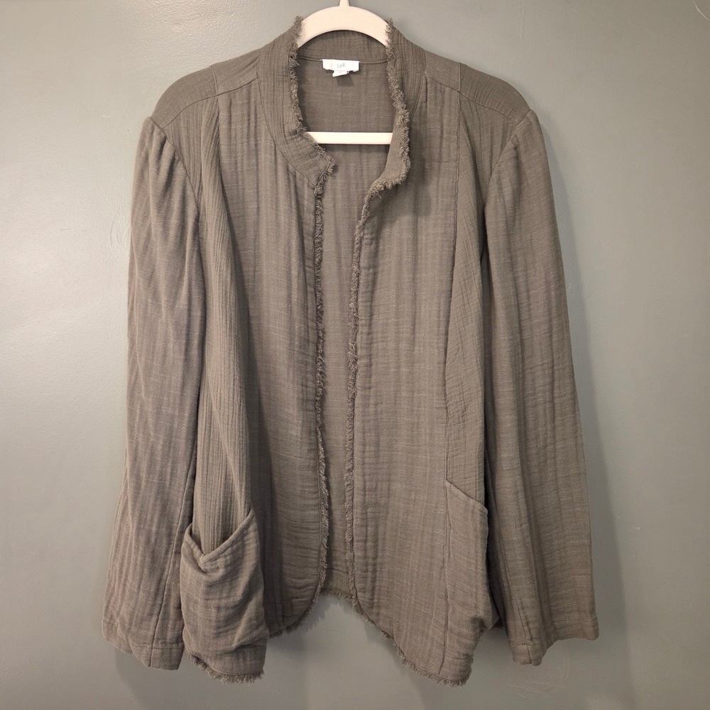 J. Jill Women's Cotton Gauze Open Front Cardigan Size XL Green Fringe Trim
